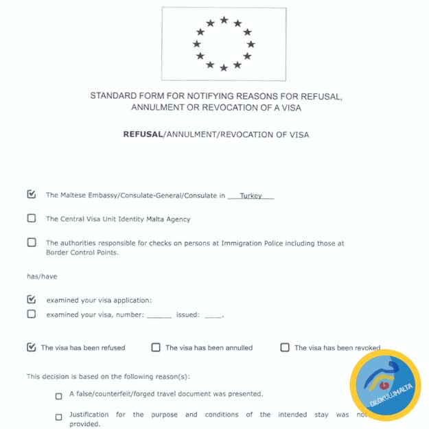 Örnek bir Malta Öğrenci Vizesi Red Mektubu